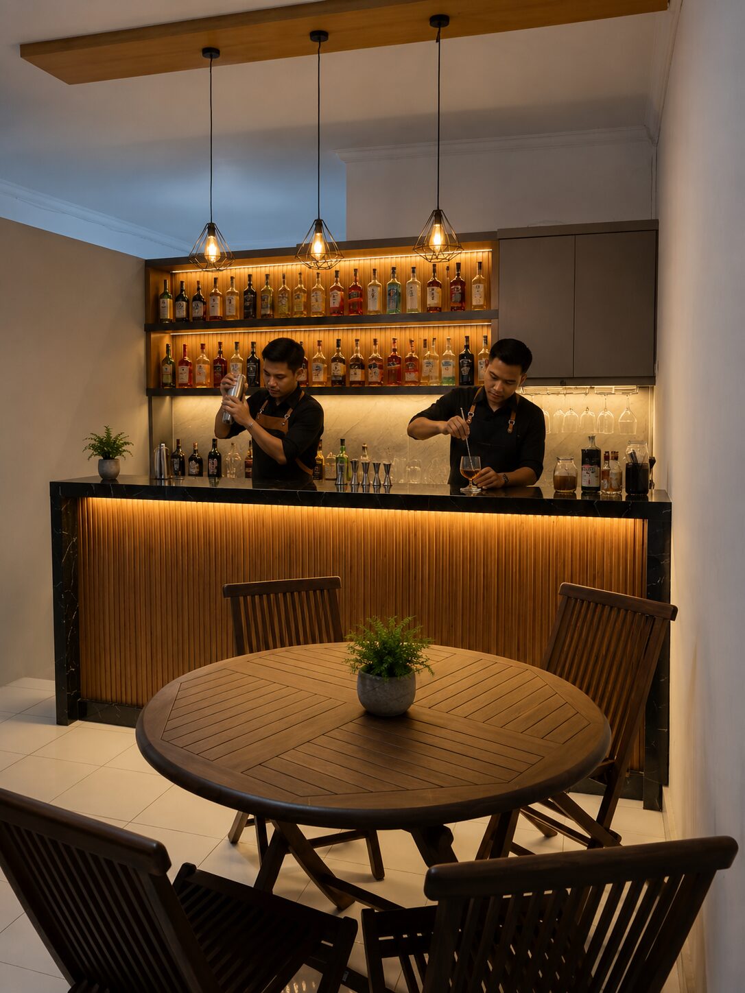 Candidates practicing bartending at the bar counter