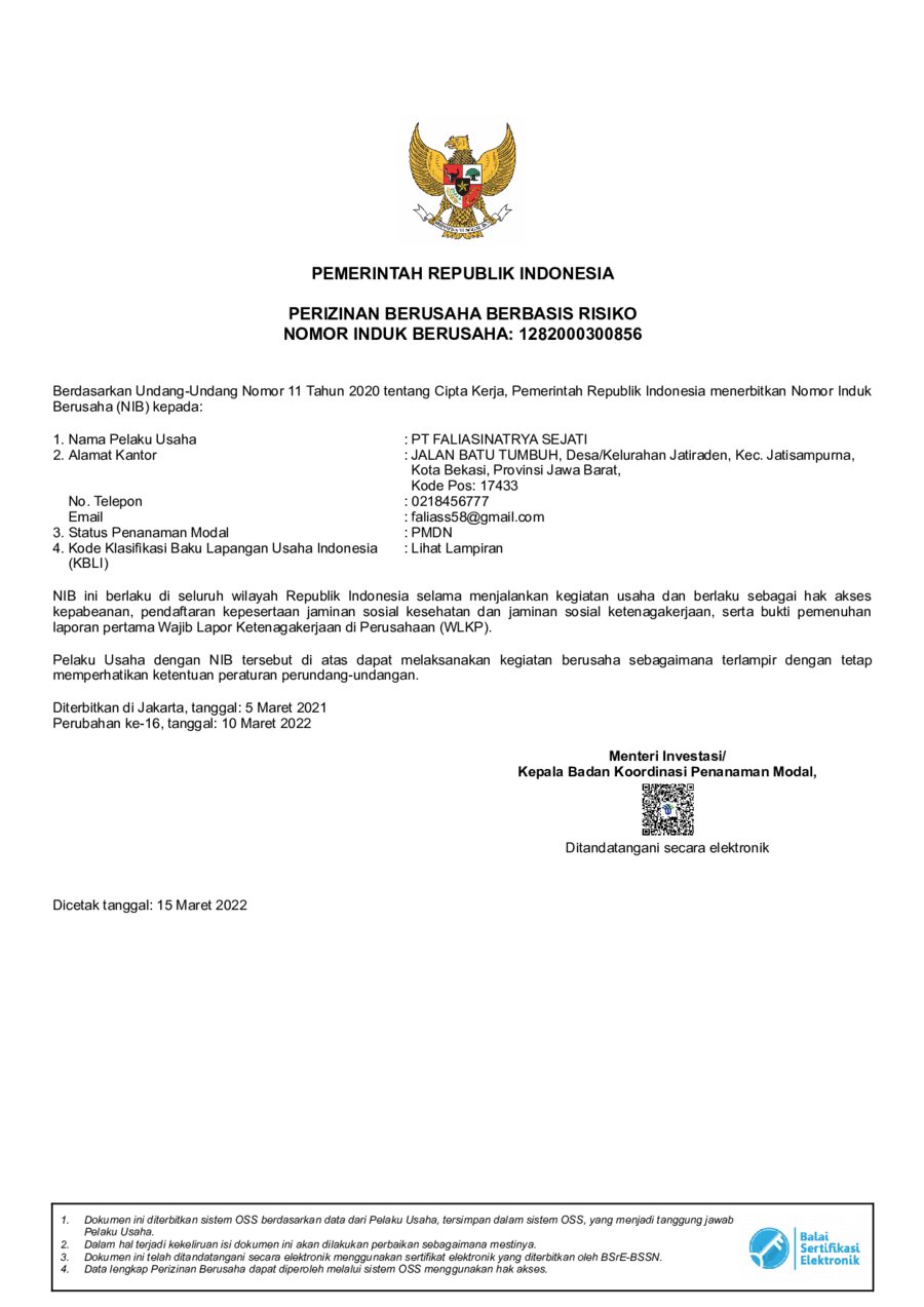 Preview of the NIB document for PT Falia Sinatrya Sejati